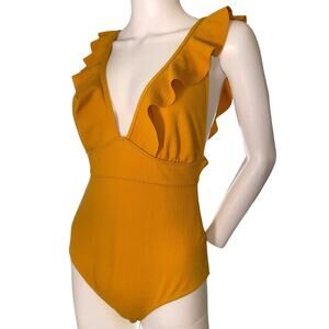 Sunset Yellow Ruffle Swimsuit, Medium, Ruffles and‎ lace up. Deep V cleavage.